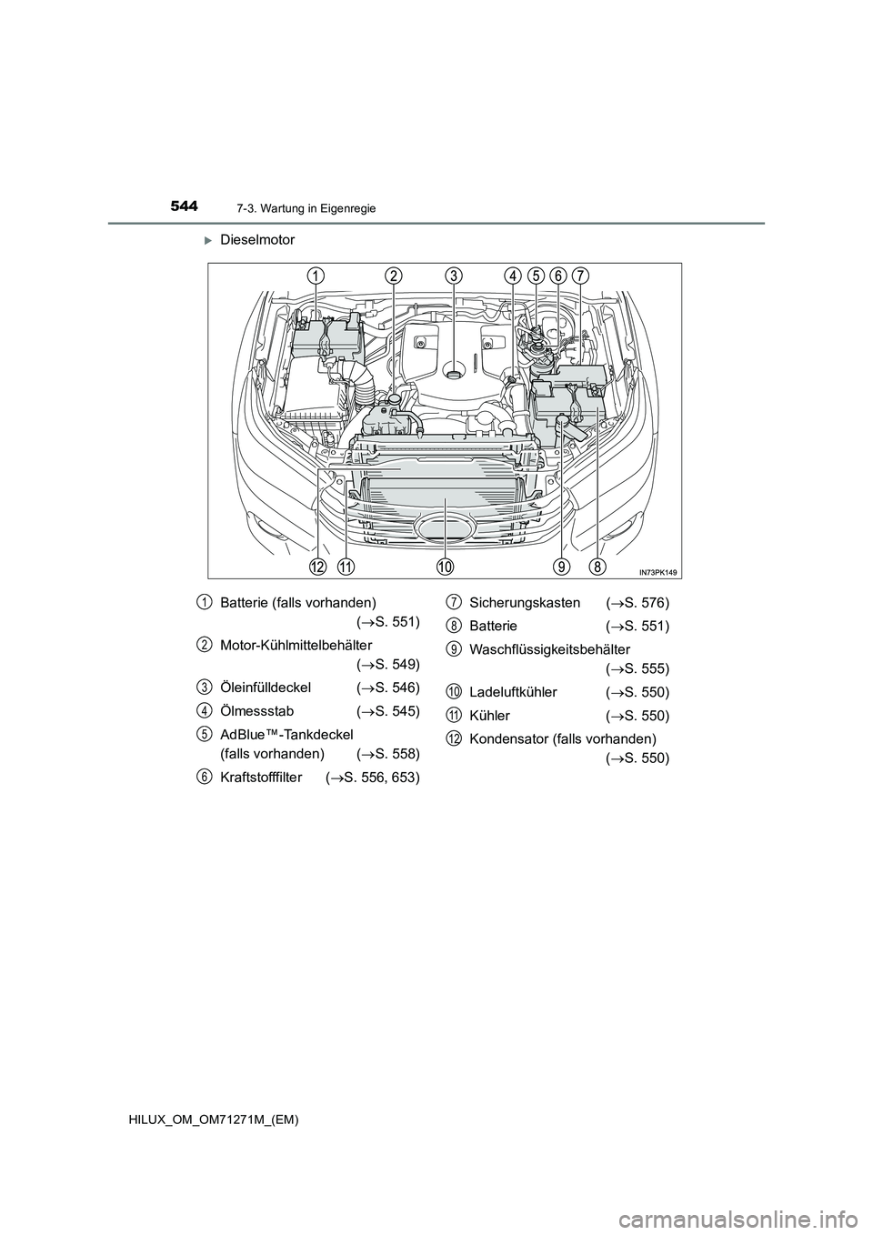 TOYOTA HILUX 2018  Betriebsanleitungen (in German) 5447-3. Wartung in Eigenregie
HILUX_OM_OM71271M_(EM)
Dieselmotor
Batterie (falls vorhanden)  
 ( S. 551) 
Motor-Kühlmittelbehälter  
( S. 549) 
Öleinfülldeckel ( S. 546) 
Ölmessstab (