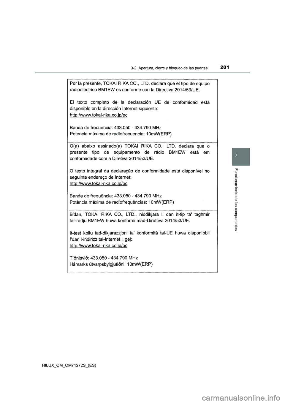 TOYOTA HILUX 2018  Manual del propietario (in Spanish) 2013-2. Apertura, cierre y bloqueo de las puertas
3
Funcionamiento de los componentes
HILUX_OM_OM71272S_(ES) 