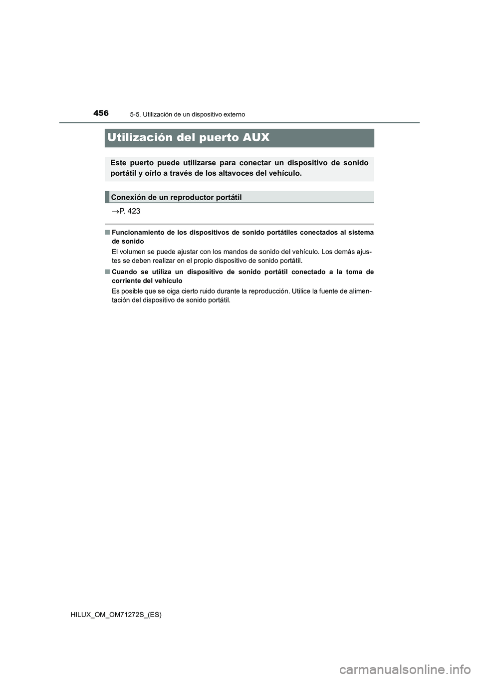 TOYOTA HILUX 2018  Manual del propietario (in Spanish) 4565-5. Utilización de un dispositivo externo
HILUX_OM_OM71272S_(ES)
Utilización del puerto AUX
P. 423
■Funcionamiento de los dispositivos de sonido portátiles conectados al sistema
de sonido
