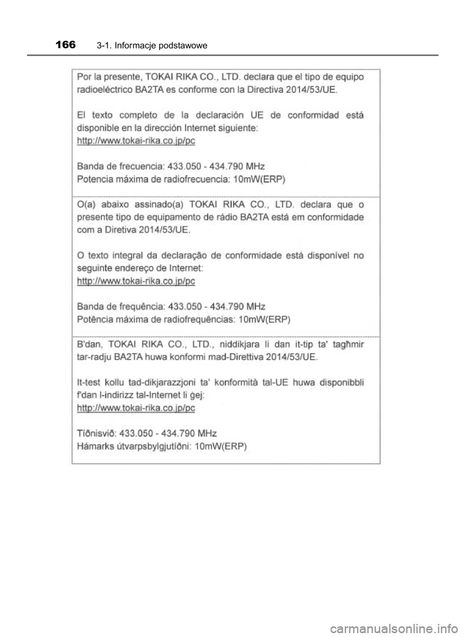 TOYOTA HILUX 2018  Instrukcja obsługi (in Polish) 1663-1. Informacje podstawowe
31 Hilux OM0K375E  7/17/18  12:25 PM  Page 166    (Black plate) 