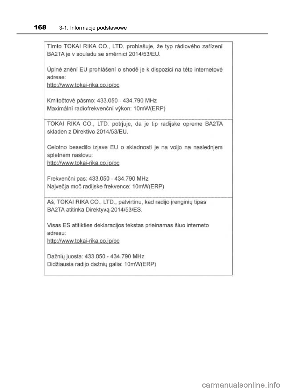 TOYOTA HILUX 2018  Instrukcja obsługi (in Polish) 1683-1. Informacje podstawowe
31 Hilux OM0K375E  7/17/18  12:25 PM  Page 168    (Black plate) 