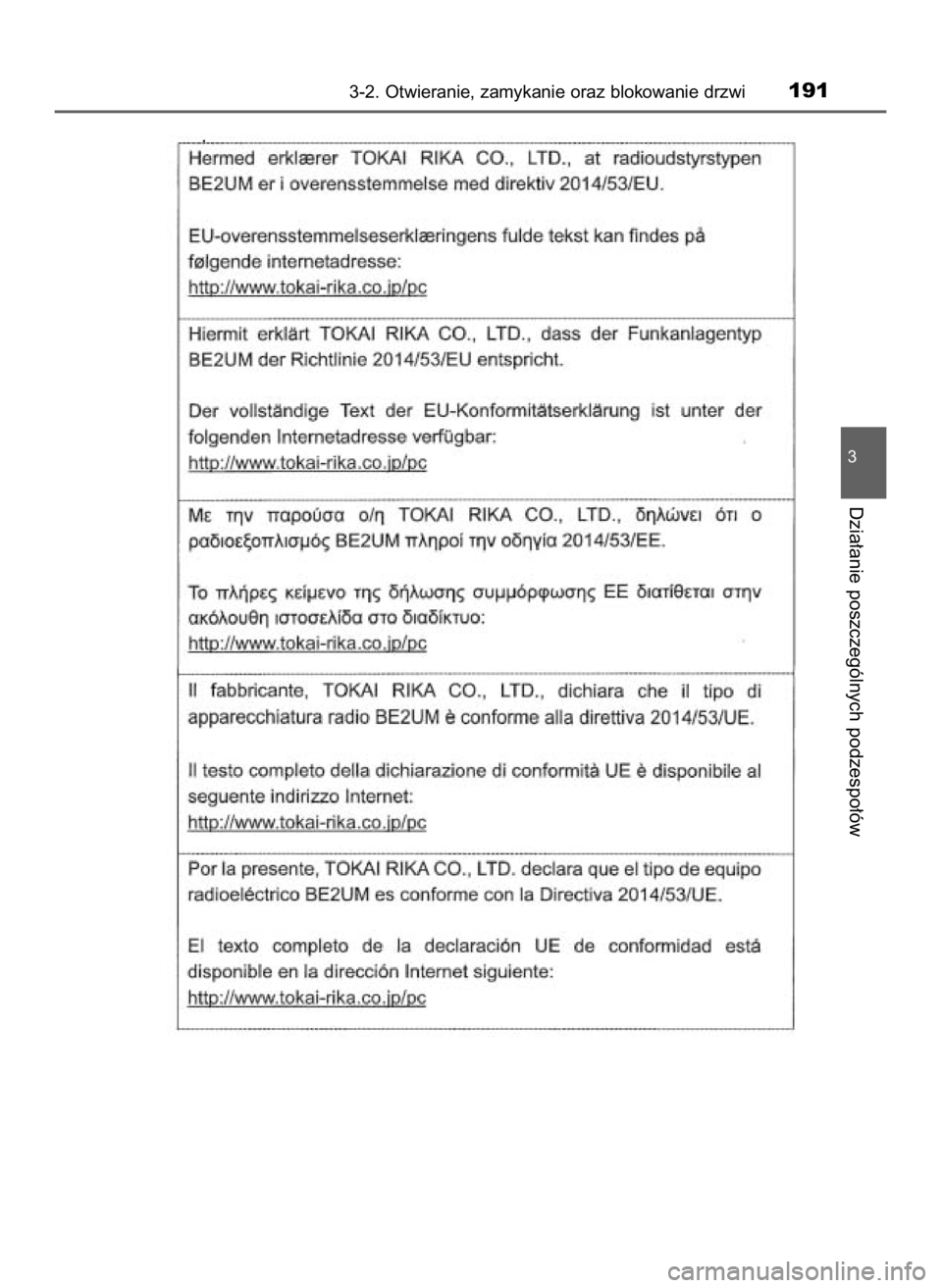 TOYOTA HILUX 2018  Instrukcja obsługi (in Polish) .
3-2. Otwieranie, zamykanie oraz blokowanie drzwi191
3
Dzia∏anie poszczególnych podzespo∏ów
31 Hilux OM0K375E  7/17/18  12:25 PM  Page 191    (Black plate) 