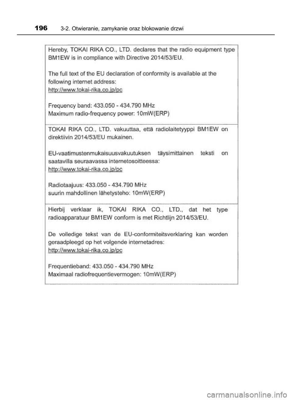 TOYOTA HILUX 2018  Instrukcja obsługi (in Polish) 1963-2. Otwieranie, zamykanie oraz blokowanie drzwi
31 Hilux OM0K375E  7/17/18  12:25 PM  Page 196    (Black plate) 