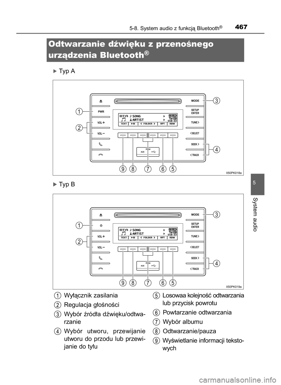 TOYOTA HILUX 2018  Instrukcja obsługi (in Polish) óTyp A
óTyp B
5-8. System audio z funkcjà Bluetooth®467
5
System audio
Odtwarzanie dêwi´ku z przenoÊnego 
urzàdzenia Bluetooth
®
Wy∏àcznik zasilania
Regulacja g∏oÊnoÊci
Wybór êród