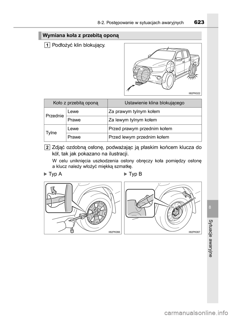 TOYOTA HILUX 2018  Instrukcja obsługi (in Polish) Pod∏o˝yç klin blokujàcy.
Zdjàç  ozdobnà  os∏on´,  podwa˝ajàc  jà  p∏askim  koƒcem  klucza  do
kó∏, tak jak pokazano na ilustracji.
W celu  unikni´cia  uszkodzenia  os∏ony  obr´