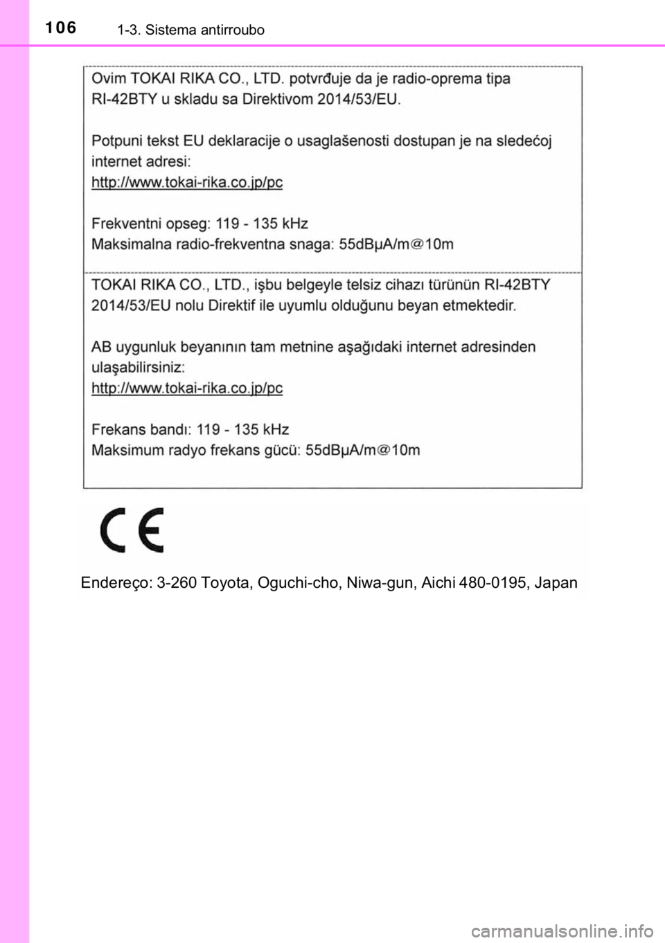 TOYOTA HILUX 2018  Manual de utilização (in Portuguese) 106������6�L�V�W�H�P�D��D�Q�W�L�U�U�R�X�E�R
�(�Q�G�H�U�H�o�R���������7�R�\�R�W�D���2�J�X�F�K�L��F�K�R���1�L�Z�D��J�X�Q���$�L�F�K�L������������-�D�S�D�Q 
