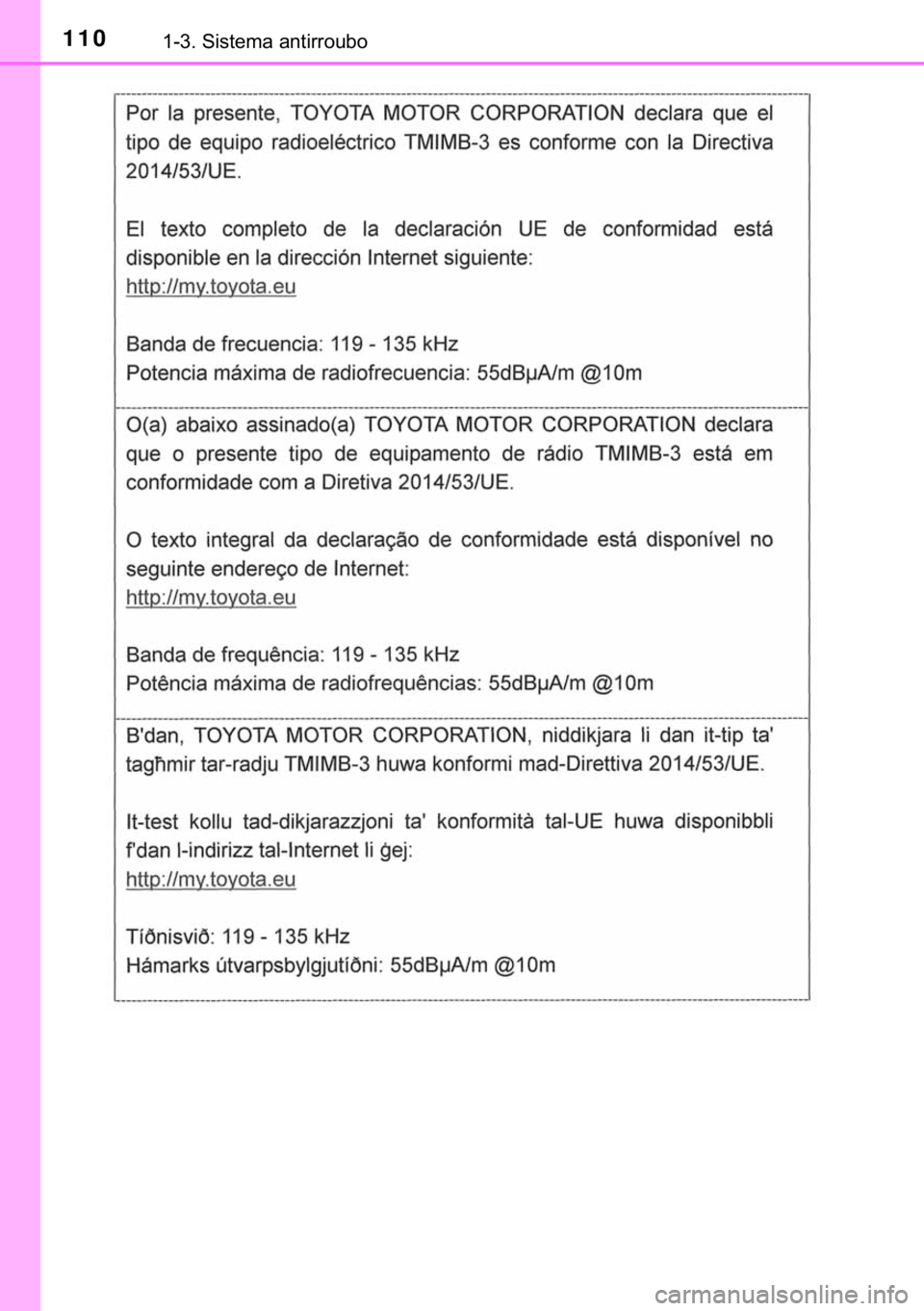 TOYOTA HILUX 2018  Manual de utilização (in Portuguese) 110������6�L�V�W�H�P�D��D�Q�W�L�U�U�R�X�E�R 