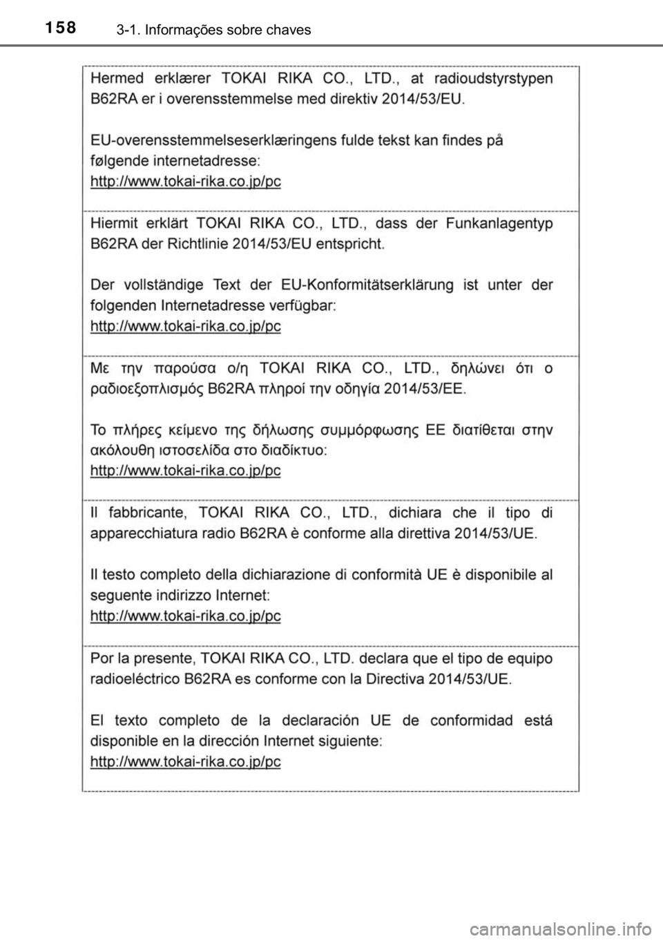 TOYOTA HILUX 2018  Manual de utilização (in Portuguese) 158������,�Q�I�R�U�P�D�o�}�H�V��V�R�E�U�H��F�K�D�Y�H�V 