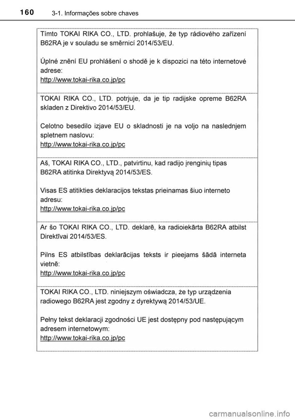 TOYOTA HILUX 2018  Manual de utilização (in Portuguese) 160������,�Q�I�R�U�P�D�o�}�H�V��V�R�E�U�H��F�K�D�Y�H�V 