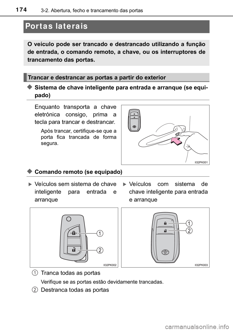 TOYOTA HILUX 2018  Manual de utilização (in Portuguese) 174������$�E�H�U�W�X�U�D���I�H�F�K�R��H��W�U�D�Q�F�D�P�H�Q�W�R��G�D�V��S�R�U�W�D�V
Por tas laterais
◆�6�L�V�W�H�P�D��G�H��F�K�D�Y�H��L�Q�W�H�O�L�J�H�Q�W�H��S�D�U�D��H�Q�W�U�D�G�D��H