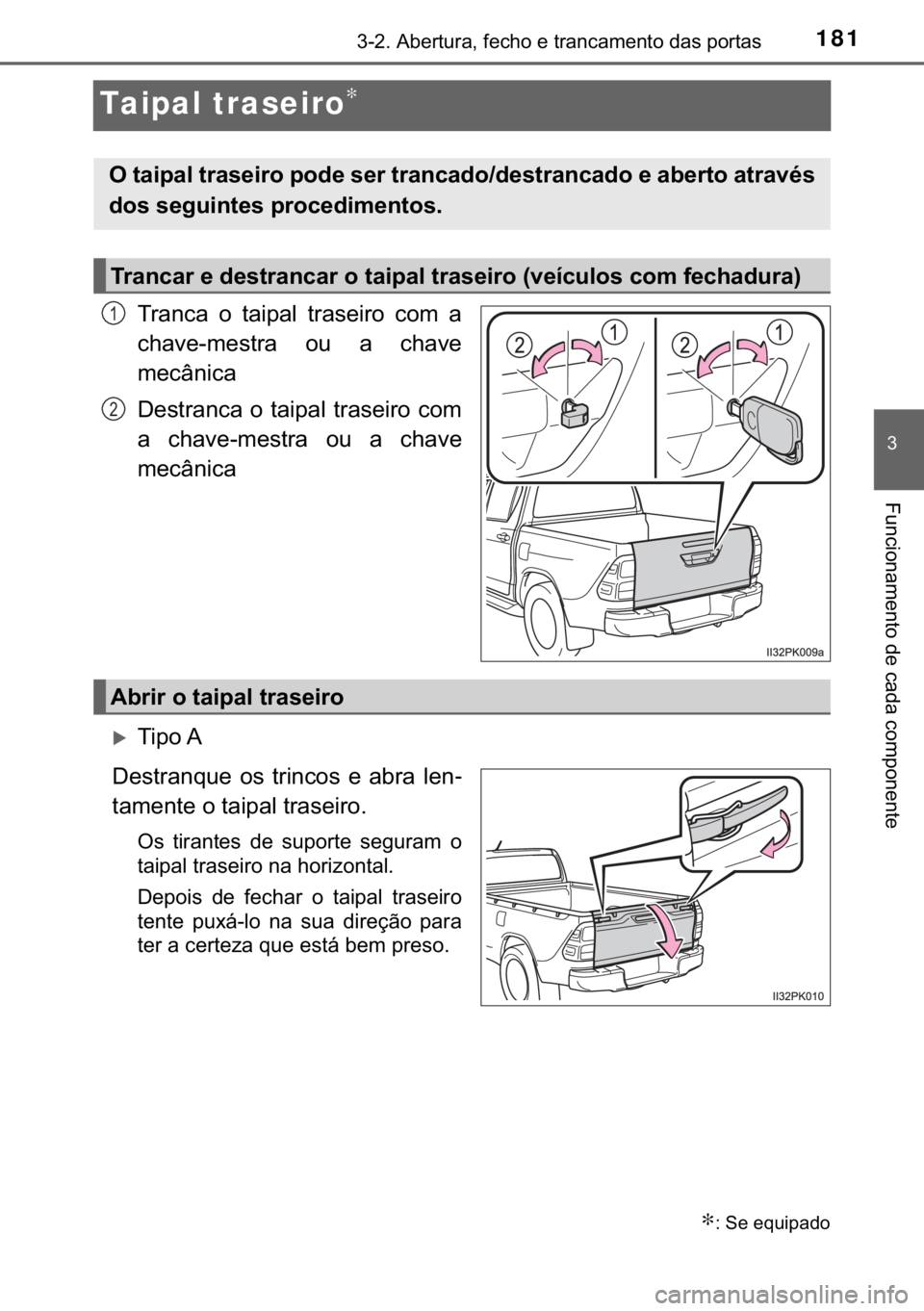 TOYOTA HILUX 2018  Manual de utilização (in Portuguese) 181
�
������$�E�H�U�W�X�U�D���I�H�F�K�R��H��W�U�D�Q�F�D�P�H�Q�W�R��G�D�V��S�R�U�W�D�V
�)�X�Q�F�L�R�Q�D�P�H�Q�W�R��G�H��F�D�G�D��F�R�P�S�R�Q�H�Q�W�H
Taipal traseiro∗
�7�U�D�Q�F�D� �R�