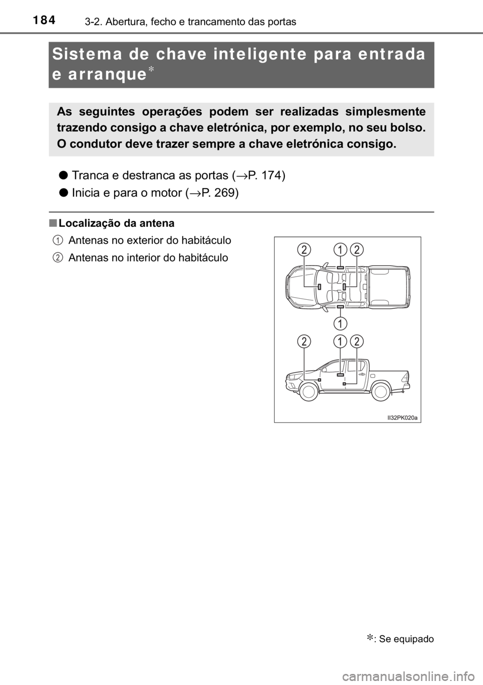 TOYOTA HILUX 2018  Manual de utilização (in Portuguese) 184������$�E�H�U�W�X�U�D���I�H�F�K�R��H��W�U�D�Q�F�D�P�H�Q�W�R��G�D�V��S�R�U�W�D�V
Sistema de chave inteligente para entrada 
e arranque
∗
●�7�U�D�Q�F�D��H��G�H�V�W�U�D�Q�F�D��D�V��