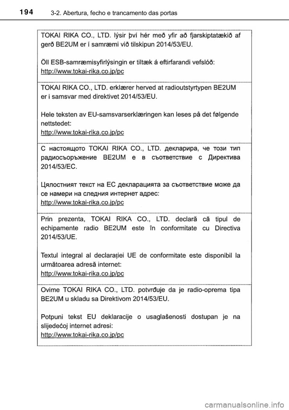 TOYOTA HILUX 2018  Manual de utilização (in Portuguese) 194������$�E�H�U�W�X�U�D���I�H�F�K�R��H��W�U�D�Q�F�D�P�H�Q�W�R��G�D�V��S�R�U�W�D�V 