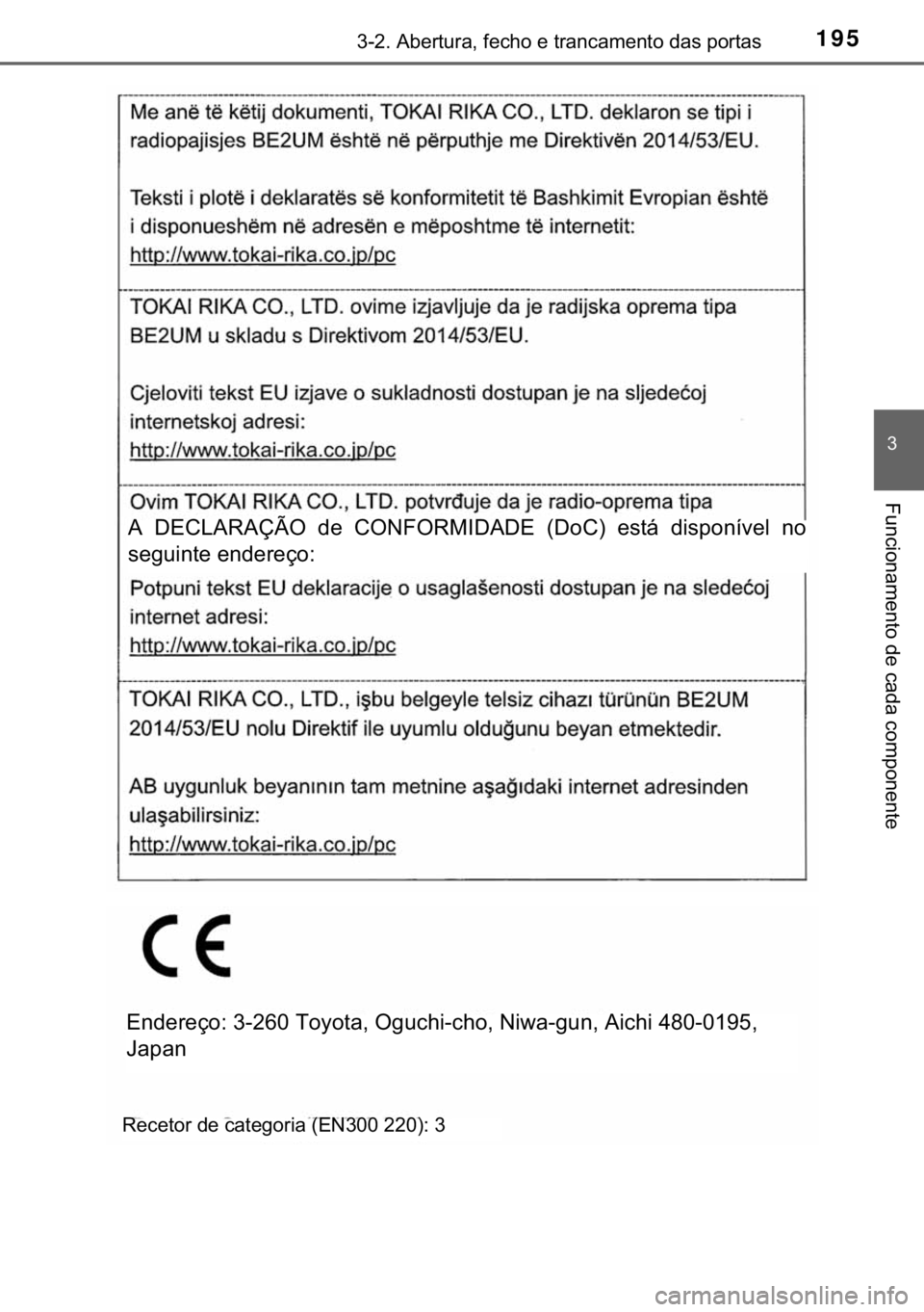 TOYOTA HILUX 2018  Manual de utilização (in Portuguese) 195������$�E�H�U�W�X�U�D���I�H�F�K�R��H��W�U�D�Q�F�D�P�H�Q�W�R��G�D�V��S�R�U�W�D�V
�
�)�X�Q�F�L�R�Q�D�P�H�Q�W�R��G�H��F�D�G�D��F�R�P�S�R�Q�H�Q�W�H
�$� ��(�&�/�$�5�$�d�