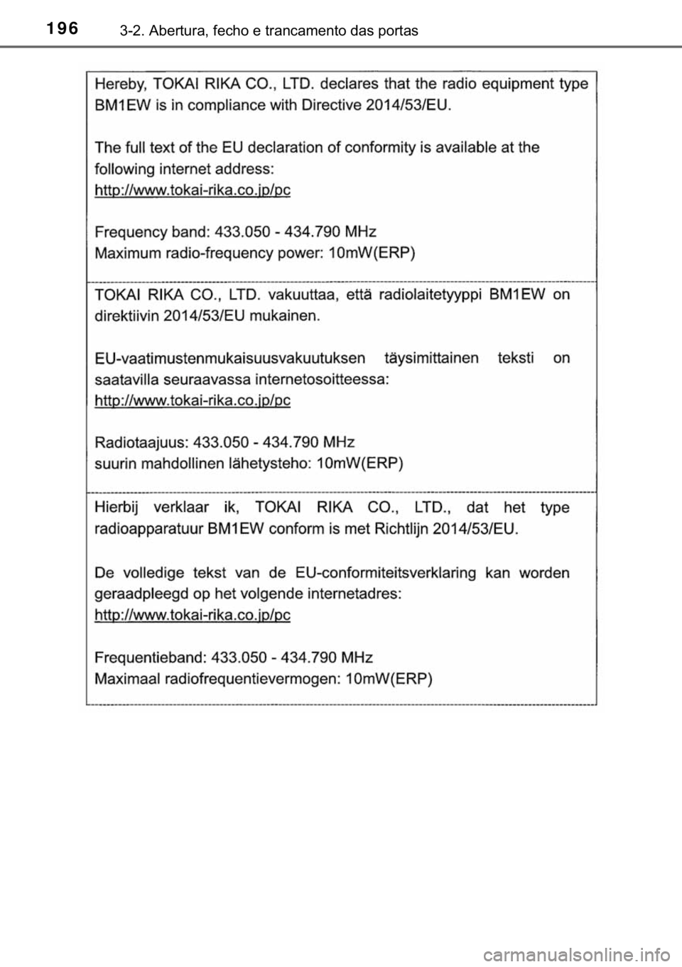 TOYOTA HILUX 2018  Manual de utilização (in Portuguese) 196������$�E�H�U�W�X�U�D���I�H�F�K�R��H��W�U�D�Q�F�D�P�H�Q�W�R��G�D�V��S�R�U�W�D�V 