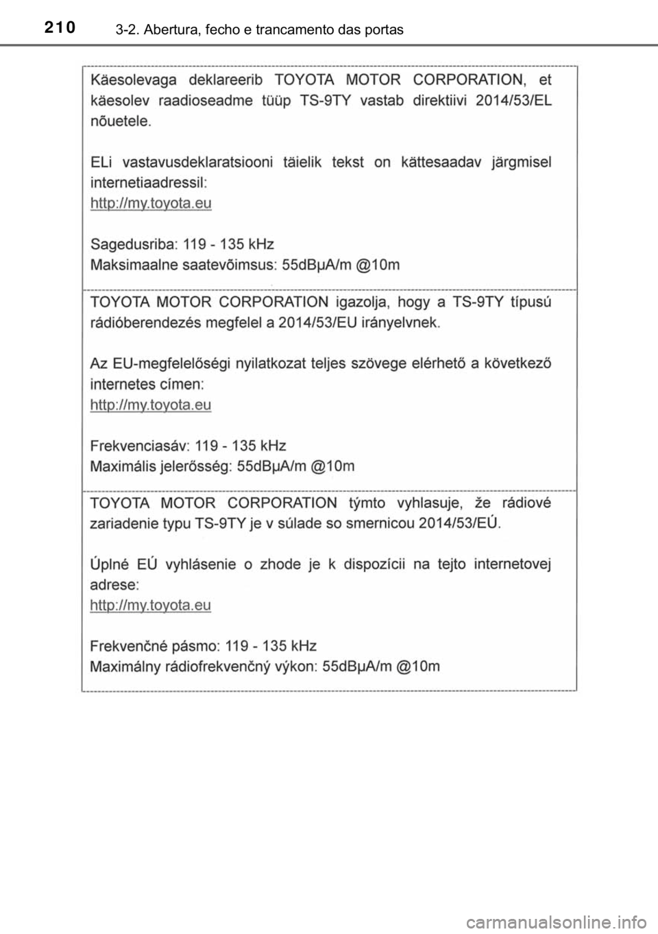 TOYOTA HILUX 2018  Manual de utilização (in Portuguese) 210������$�E�H�U�W�X�U�D���I�H�F�K�R��H��W�U�D�Q�F�D�P�H�Q�W�R��G�D�V��S�R�U�W�D�V 