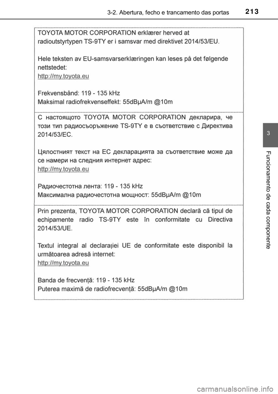 TOYOTA HILUX 2018  Manual de utilização (in Portuguese) 213������$�E�H�U�W�X�U�D���I�H�F�K�R��H��W�U�D�Q�F�D�P�H�Q�W�R��G�D�V��S�R�U�W�D�V
�
�)�X�Q�F�L�R�Q�D�P�H�Q�W�R��G�H��F�D�G�D��F�R�P�S�R�Q�H�Q�W�H 