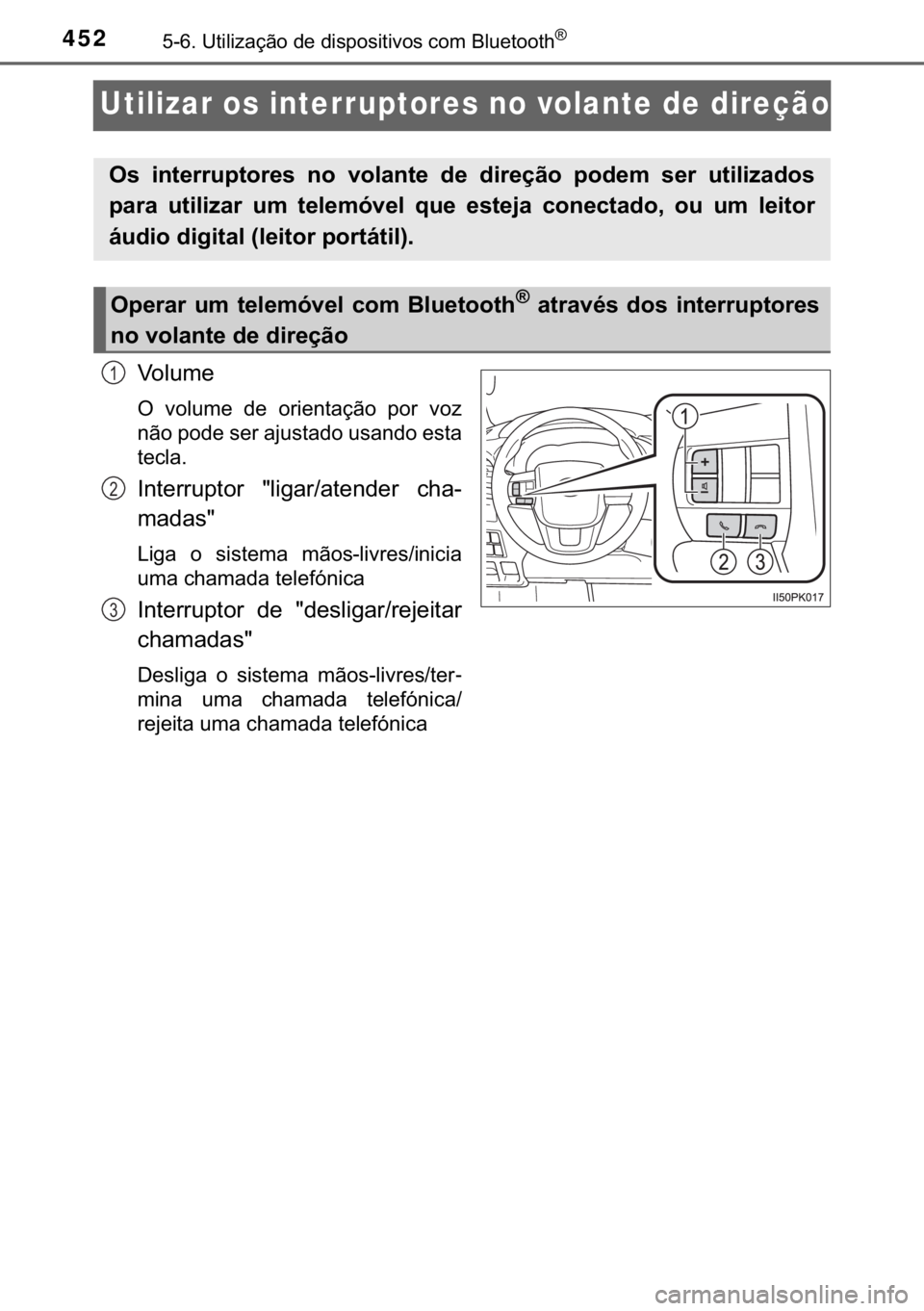 TOYOTA HILUX 2018  Manual de utilização (in Portuguese) 452������8�W�L�O�L�]�D�o�m�R��G�H��G�L�V�S�R�V�L�W�L�Y�R�V��F�R�P��%�O�X�H�W�R�R�W�K�Š
Utilizar os interruptores no volante de direção
�9�R �O �X �P �H
�2� �Y�R�O�X�P�H� �G�H� �R�U�L�H�