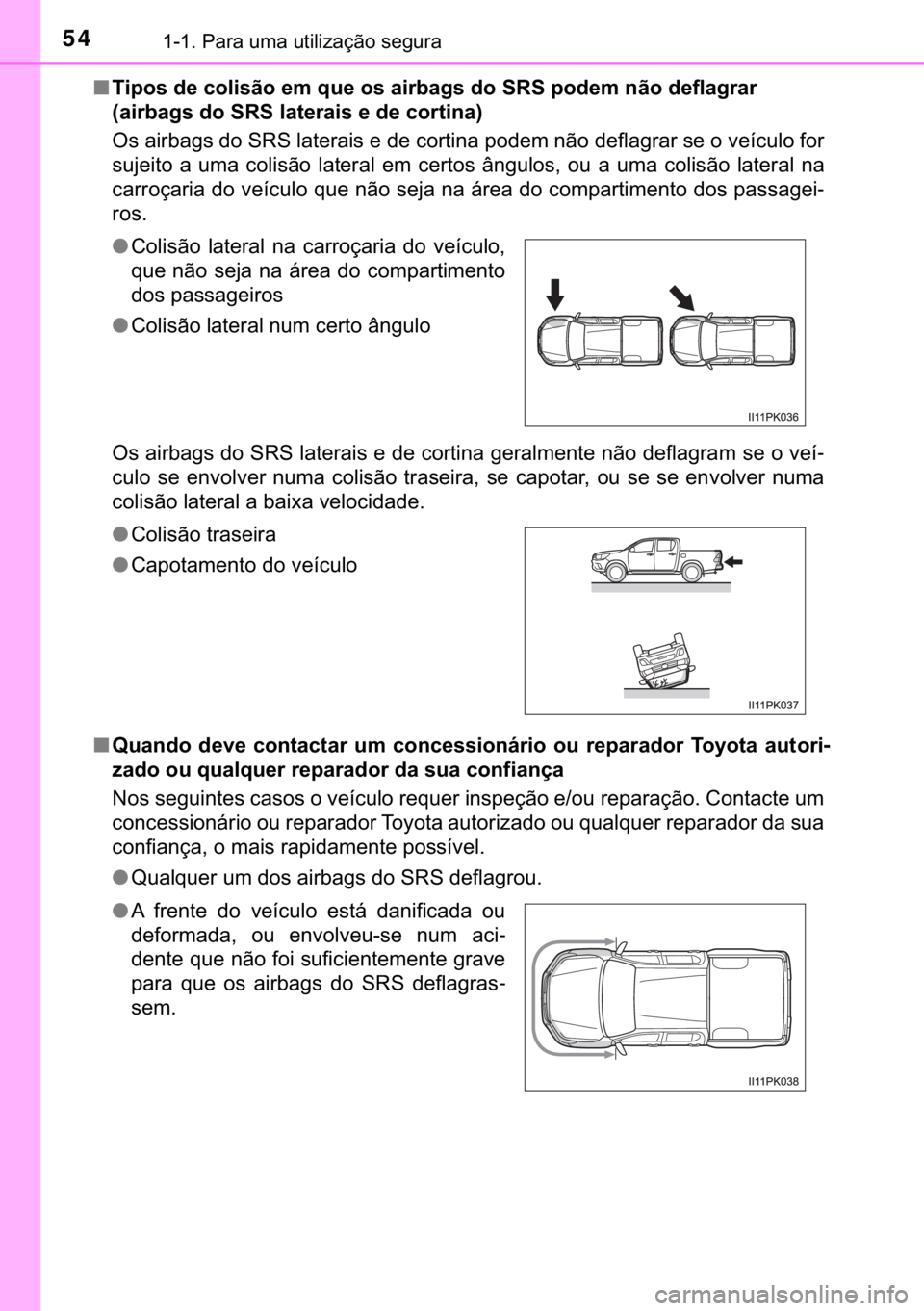 TOYOTA HILUX 2018  Manual de utilização (in Portuguese) 54������3�D�U�D��X�P�D��X�W�L�O�L�]�D�o�m�R��V�H�J�X�U�D
■�7�L�S�R�V��G�H��F�R�O�L�V�m�R��H�P��T�X�H��R�V��D�L�U�E�D�J�V��G�R��6�5�6��S�R�G�H�P��Q�m�R��G�H�I�O�D�J�U�D�U�
��D�L�