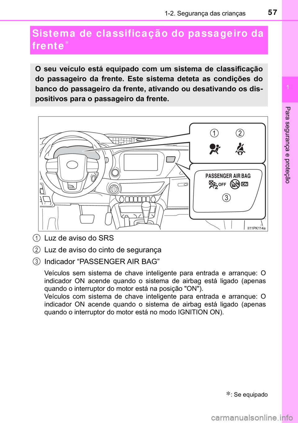 TOYOTA HILUX 2018  Manual de utilização (in Portuguese) 57������6�H�J�X�U�D�Q�o�D��G�D�V��F�U�L�D�Q�o�D�V
�
�3�D�U�D��V�H�J�X�U�D�Q�o�D��H��S�U�R�W�H�o�m�R
Sistema de classificação do passageiro da 
frente
∗
�/�X�]��G�H��D�Y�L�V�R��G�R��
