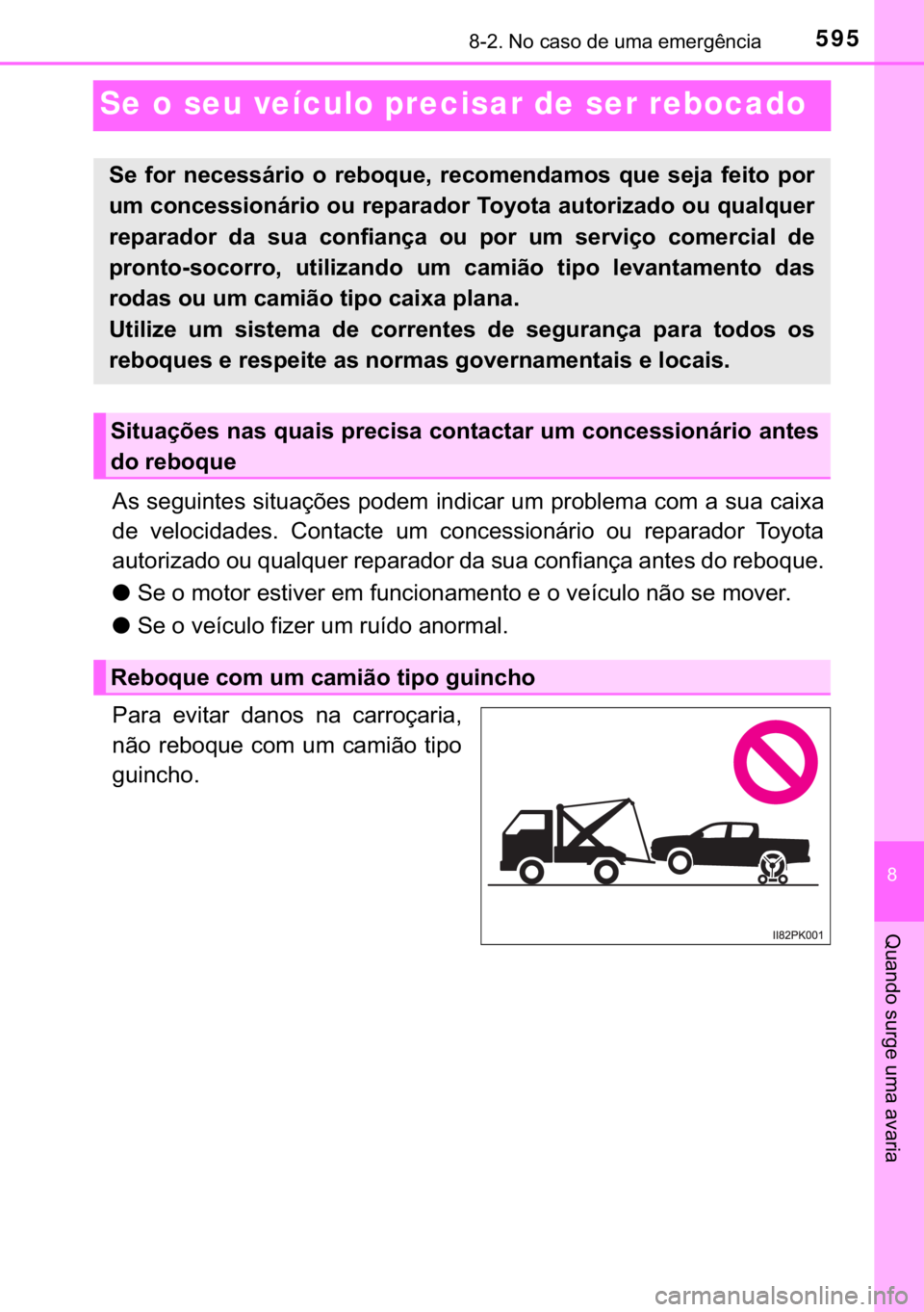 TOYOTA HILUX 2018  Manual de utilização (in Portuguese) 595������1�R��F�D�V�R��G�H��X�P�D��H�P�H�U�J�r�Q�F�L�D
�
�4�X�D�Q�G�R��V�X�U�J�H��X�P�D��D�Y�D�U�L�D
Se o seu veículo precisar de ser rebocado
�$�V��V�H�J�X�L�Q�W�H�V��V�L�W�X�D�o�}�H�