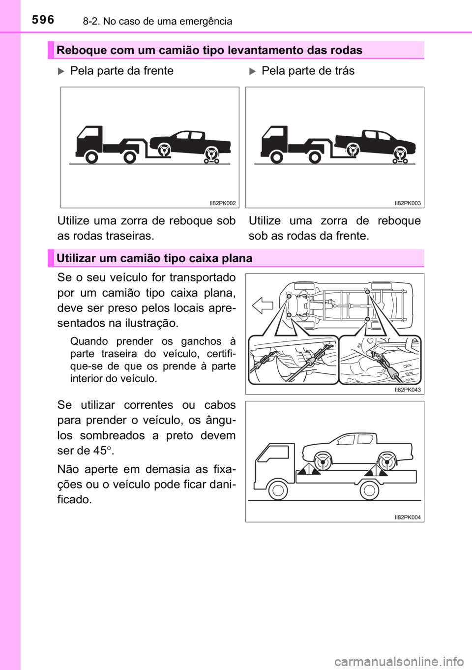 TOYOTA HILUX 2018  Manual de utilização (in Portuguese) 596������1�R��F�D�V�R��G�H��X�P�D��H�P�H�U�J�r�Q�F�L�D
�6�H� �R� �V�H�X� �Y�H�t�F�X�O�R� �I�R�U� �W�U�D�Q�V�S�R�U�W�D�G�R
�S�R�U� �X�P� �F�D�P�L�m�R� �W�L�S�R� �F�D�L�[�D� �S�O�D�Q�
