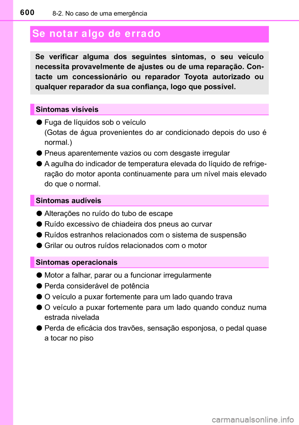 TOYOTA HILUX 2018  Manual de utilização (in Portuguese) 600������1�R��F�D�V�R��G�H��X�P�D��H�P�H�U�J�r�Q�F�L�D
Se notar algo de errado
●�)�X�J�D��G�H��O�t�T�X�L�G�R�V��V�R�E��R��Y�H�t�F�X�O�R
��*�R�W�D�V� �G�H� �i�J�X�D� �S�U�R�Y�H�Q�L�