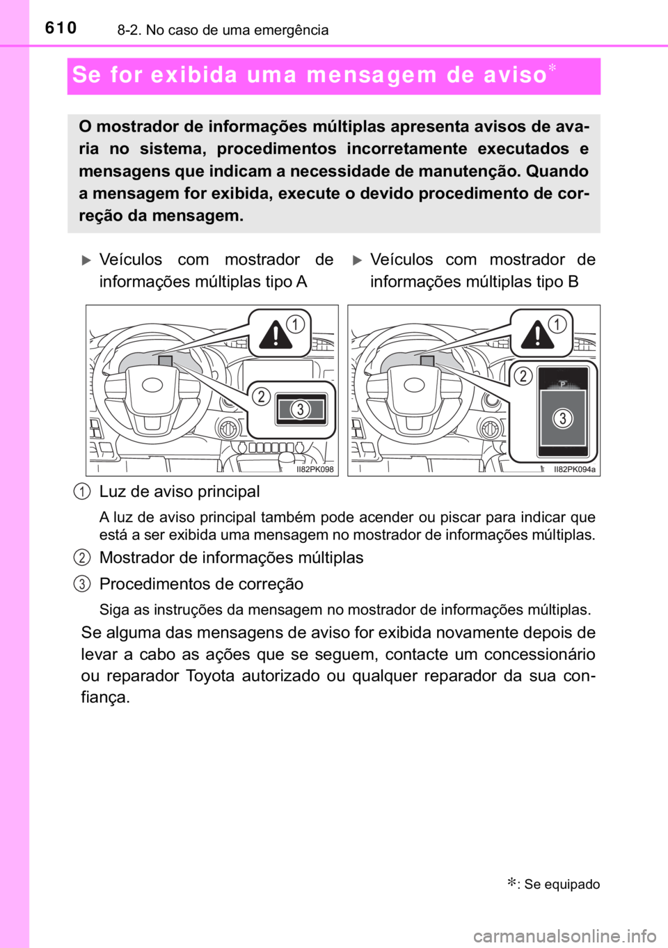 TOYOTA HILUX 2018  Manual de utilização (in Portuguese) 610������1�R��F�D�V�R��G�H��X�P�D��H�P�H�U�J�r�Q�F�L�D
Se for exibida uma mensagem de aviso∗
�/�X�]��G�H��D�Y�L�V�R��S�U�L�Q�F�L�S�D�O
�$��O�X�]��G�H��D�Y�L�V�R��S�U�L�Q�F�L�S�D�O��