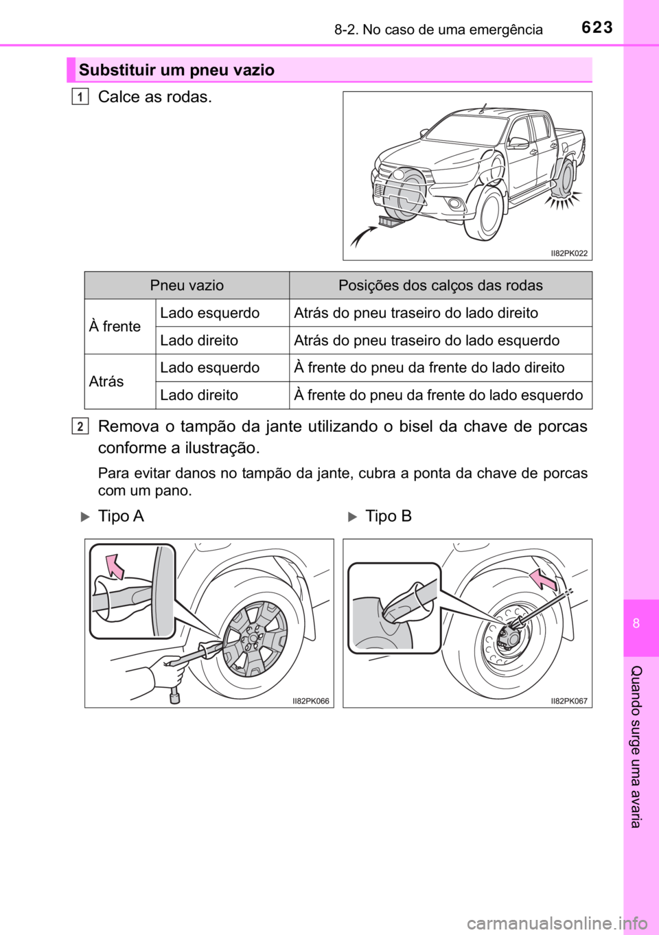 TOYOTA HILUX 2018  Manual de utilização (in Portuguese) 623������1�R��F�D�V�R��G�H��X�P�D��H�P�H�U�J�r�Q�F�L�D
�
�4�X�D�Q�G�R��V�X�U�J�H��X�P�D��D�Y�D�U�L�D
�&�D�O�F�H��D�V��U�R�G�D�V�
�5�H�P�R�Y�D� �R� �W�D�P�S�m�R� �G�D� �M�D�Q�W�H� 