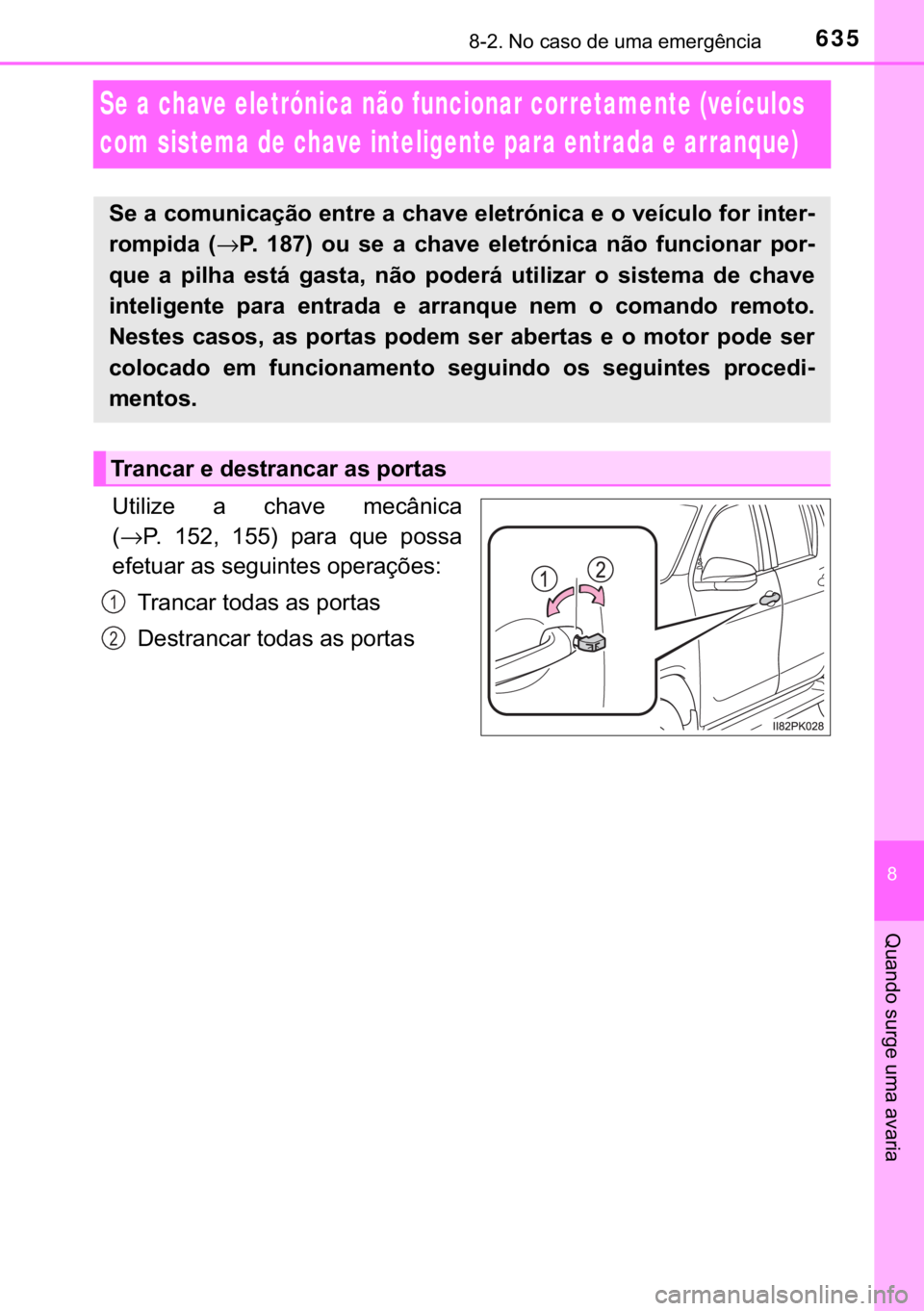 TOYOTA HILUX 2018  Manual de utilização (in Portuguese) 635������1�R��F�D�V�R��G�H��X�P�D��H�P�H�U�J�r�Q�F�L�D
�
�4�X�D�Q�G�R��V�X�U�J�H��X�P�D��D�Y�D�U�L�D
Se a chave eletrónica não funcionar corretamente (veículos 
com sistema de chave in