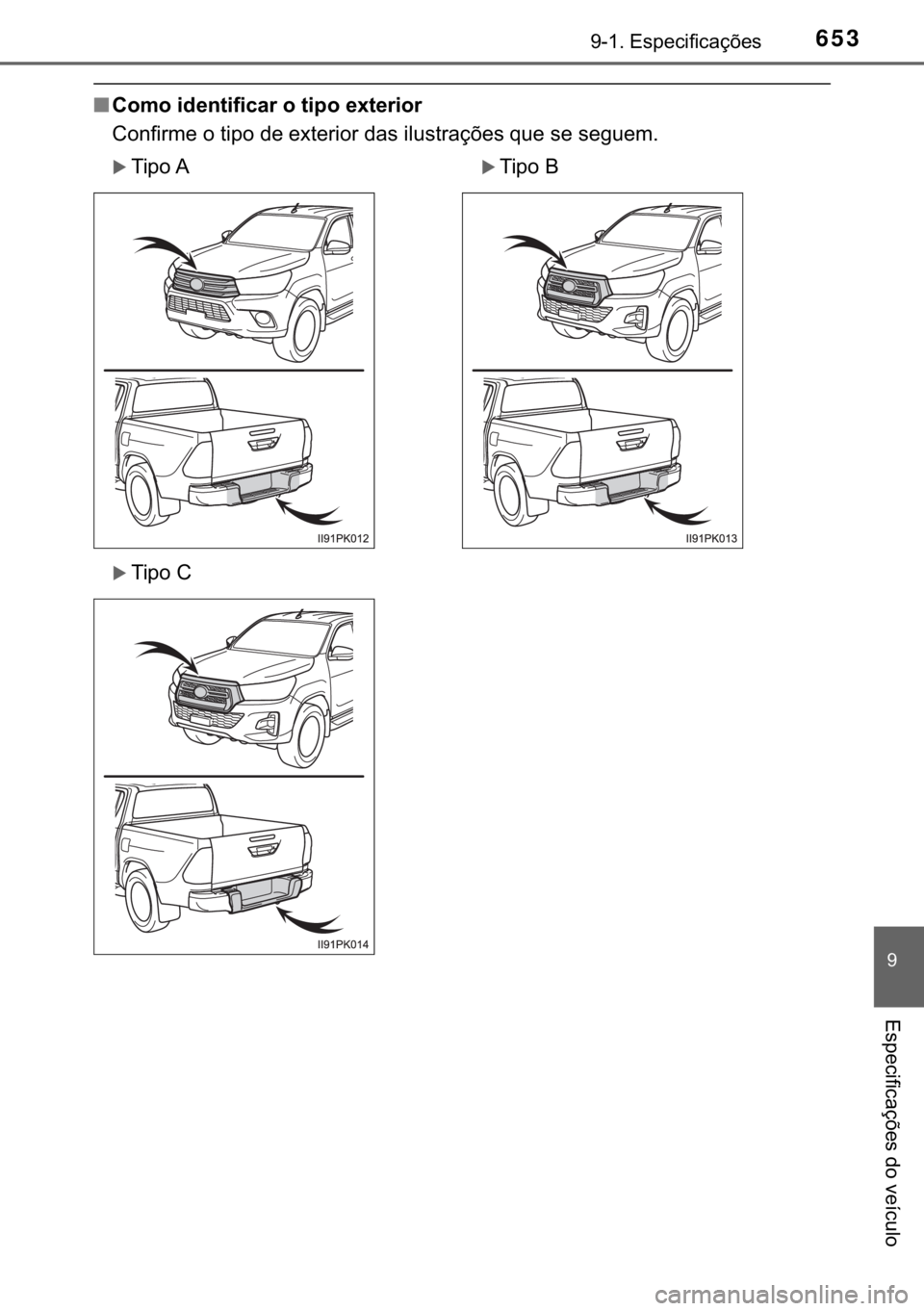 TOYOTA HILUX 2018  Manual de utilização (in Portuguese) 653
�
������(�V�S�H�F�L�I�L�F�D�o�}�H�V
�(�V�S�H�F�L�I�L�F�D�o�}�H�V��G�R��Y�H�t�F�X�O�R
■�&�R�P�R��L�G�H�Q�W�L�I�L�F�D�U��R��W�L�S�R��H�[�W�H�U�L�R�U
�&�R�Q�I�L�U�P�H��R��W�L�S�R��G�