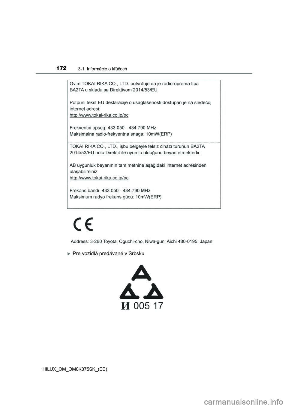 TOYOTA HILUX 2018  Návod na použitie (in Slovakian) 1723-1. Informácie o kľúčoch
HILUX_OM_OM0K375SK_(EE)
Pre vozidlá predávané v Srbsku 
