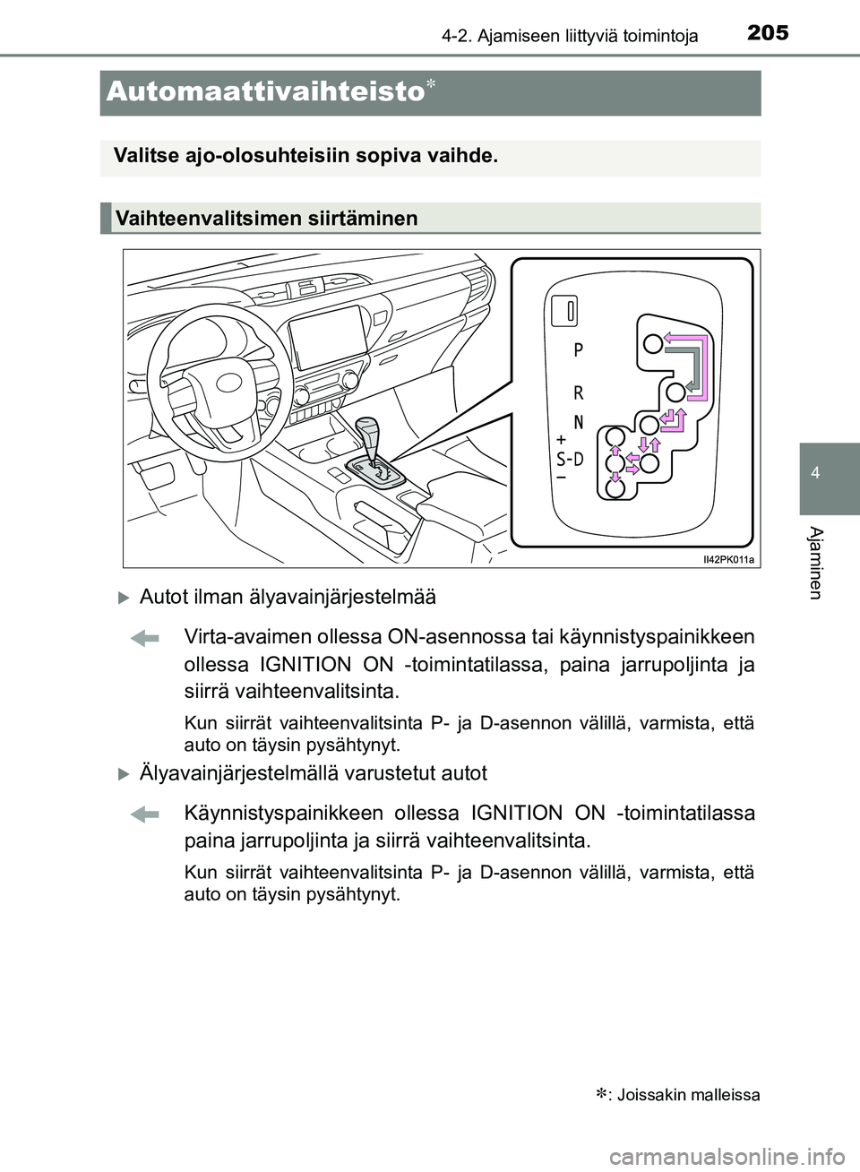 TOYOTA HILUX 2018  Omistajan Käsikirja (in Finnish) 205
4
4-2. Ajamiseen liittyviä toimintoja
Ajaminen
HILUX_OM_OM0K375FI_(EE)
Automaattivaihteisto
Autot ilman älyavainjärjestelmääVirta-avaimen ollessa ON-asen nossa tai käynnistyspainikkeen
