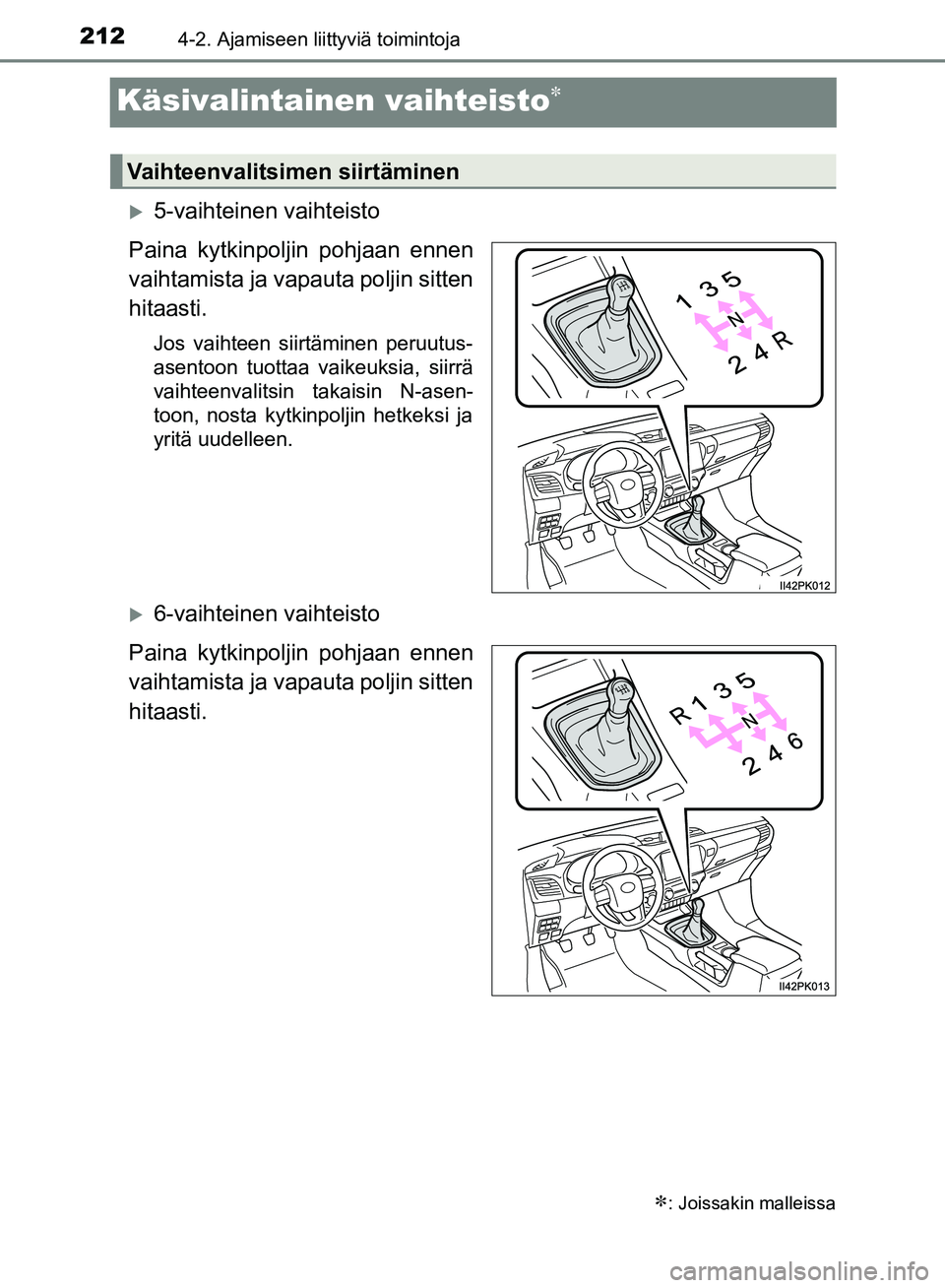 TOYOTA HILUX 2018  Omistajan Käsikirja (in Finnish) 2124-2. Ajamiseen liittyviä toimintoja
HILUX_OM_OM0K375FI_(EE)
Käsivalintainen vaihteisto
5-vaihteinen vaihteisto
Paina kytkinpoljin pohjaan ennen
vaihtamista ja vapauta poljin sitten
hitaasti