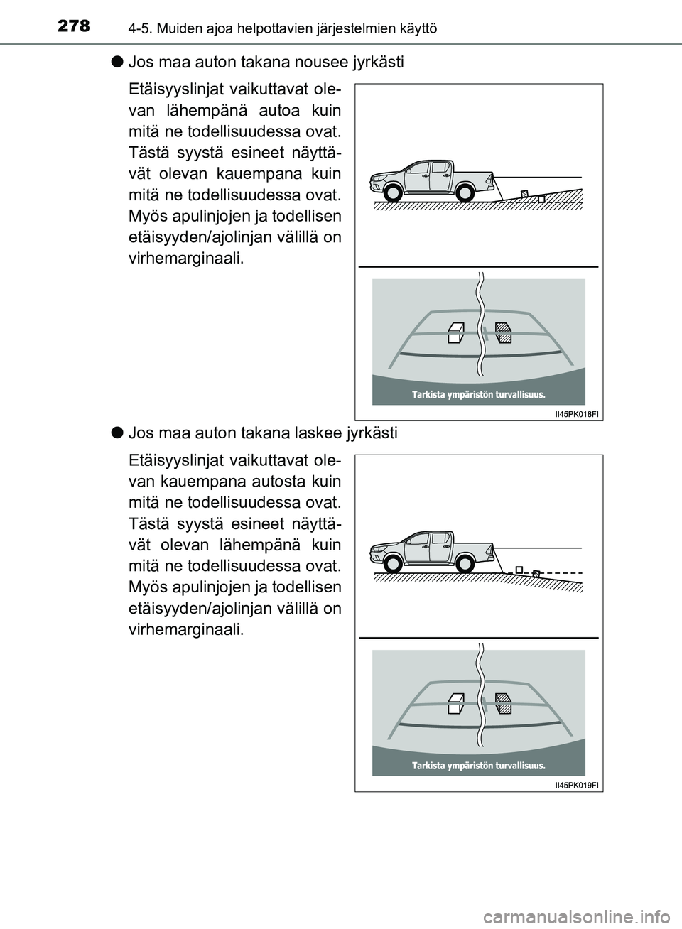 TOYOTA HILUX 2018  Omistajan Käsikirja (in Finnish) 2784-5. Muiden ajoa helpottavien järjestelmien käyttö
HILUX_OM_OM0K375FI_(EE)
lJos maa auton takana nousee jyrkästi
Etäisyyslinjat vaikuttavat ole-
van lähempänä autoa kuin
mitä ne todellisuu