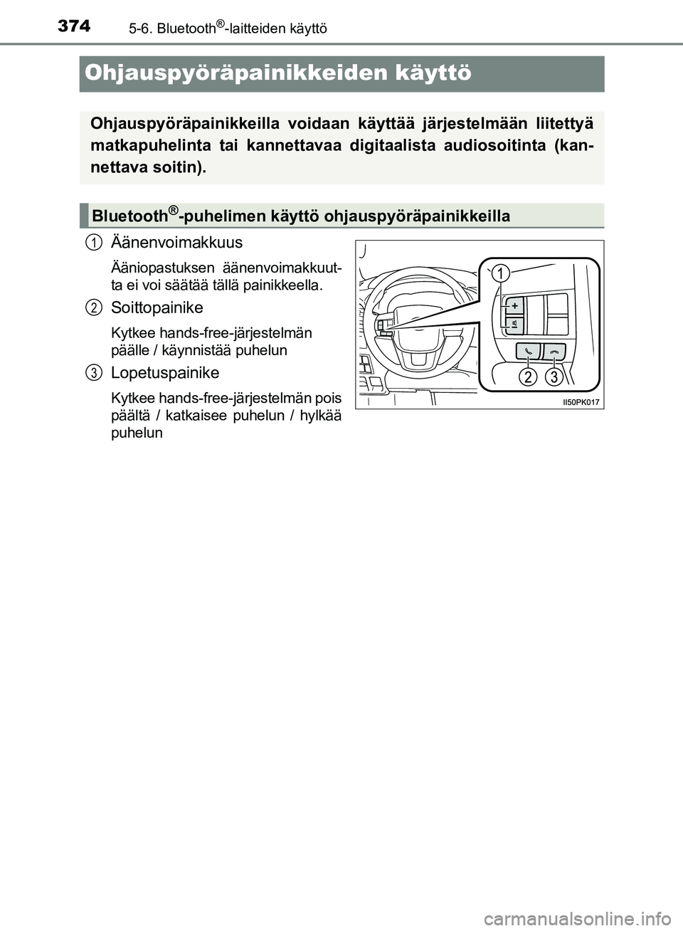 TOYOTA HILUX 2018  Omistajan Käsikirja (in Finnish) 3745-6. Bluetooth®-laitteiden käyttö
HILUX_OM_OM0K375FI_(EE)
Ohjauspyöräpainikkeiden käyttö
Äänenvoimakkuus
Ääniopastuksen äänenvoimakkuut-
ta ei voi säätää tällä painikkeella.
Soit