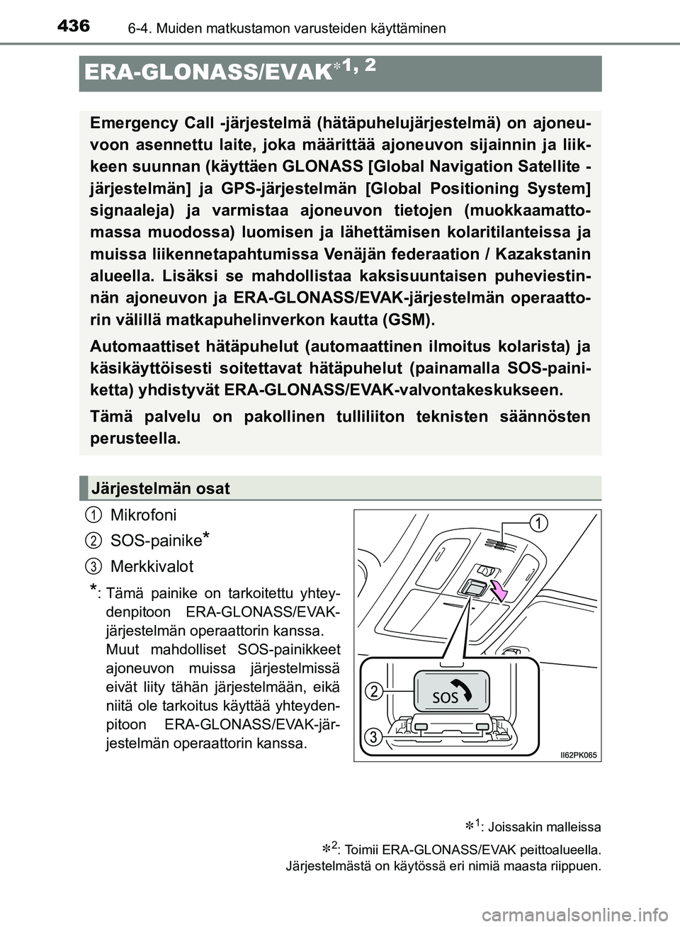 TOYOTA HILUX 2018 Omistajan Käsikirja (in Finnish) 4366-4. Muiden matkustamon varusteiden käyttäminen
HILUX_OM_OM0K375FI_(EE)
ERA-GLONASS/EVAK1, 2
Mikrofoni
SOS-painike
*
Merkkivalot
*: Tämä painike on tarkoitettu yhtey-denpitoon ERA-GLONASS/EV TOYOTA HILUX 2018 Omistajan Käsikirja (in Finnish) 4366-4. Muiden matkustamon varusteiden käyttäminen
HILUX_OM_OM0K375FI_(EE)
ERA-GLONASS/EVAK1, 2
Mikrofoni
SOS-painike
*
Merkkivalot
*: Tämä painike on tarkoitettu yhtey-denpitoon ERA-GLONASS/EV