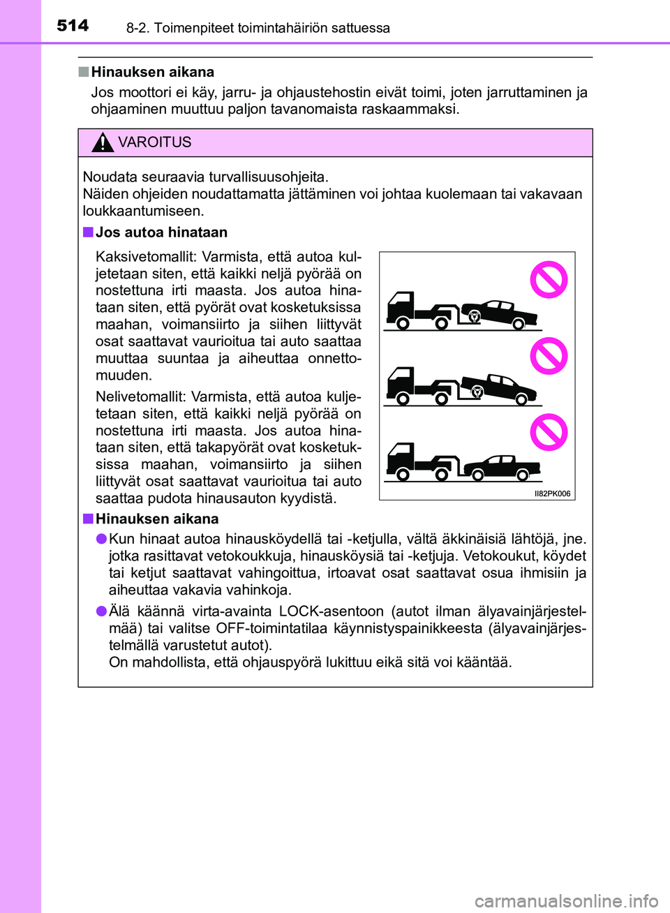 TOYOTA HILUX 2018 Omistajan Käsikirja (in Finnish) 5148-2. Toimenpiteet toimintahäiriön sattuessa
HILUX_OM_OM0K375FI_(EE)
nHinauksen aikana
Jos moottori ei käy, jarru- ja ohjaustehostin eivät toimi, joten jarruttaminen ja
ohjaaminen muuttuu paljon TOYOTA HILUX 2018 Omistajan Käsikirja (in Finnish) 5148-2. Toimenpiteet toimintahäiriön sattuessa
HILUX_OM_OM0K375FI_(EE)
nHinauksen aikana
Jos moottori ei käy, jarru- ja ohjaustehostin eivät toimi, joten jarruttaminen ja
ohjaaminen muuttuu paljon
