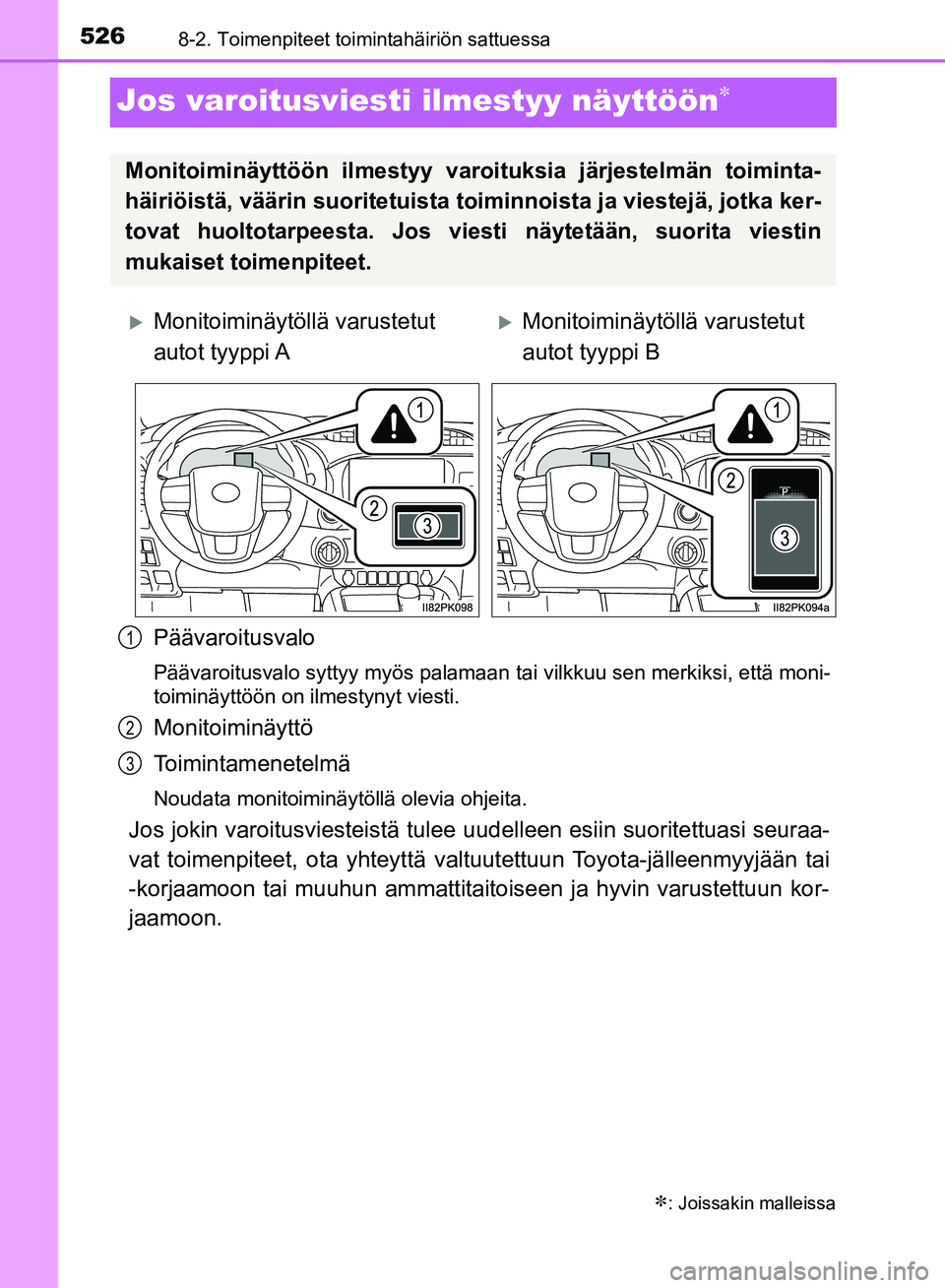 TOYOTA HILUX 2018  Omistajan Käsikirja (in Finnish) 5268-2. Toimenpiteet toimintahäiriön sattuessa
HILUX_OM_OM0K375FI_(EE)
Jos varoitusviesti ilmestyy näyttöön
Päävaroitusvalo
Päävaroitusvalo syttyy myös palamaan tai vilkkuu sen merkiksi, 