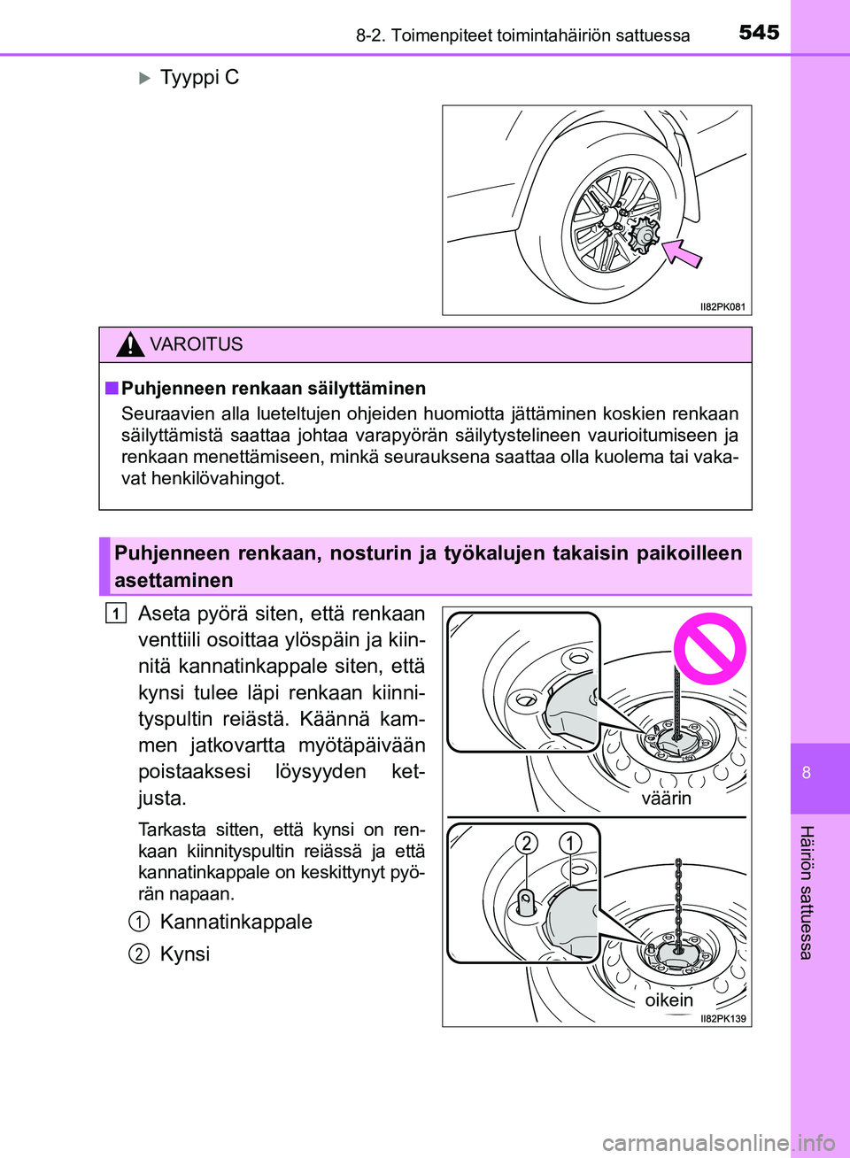 TOYOTA HILUX 2018  Omistajan Käsikirja (in Finnish) 5458-2. Toimenpiteet toimintahäiriön sattuessa
HILUX_OM_OM0K375FI_(EE)
8
Häiriön sattuessa
Ty y p p i  C
Aseta pyörä siten, että renkaan
venttiili osoittaa ylöspäin ja kiin-
nitä kannatin