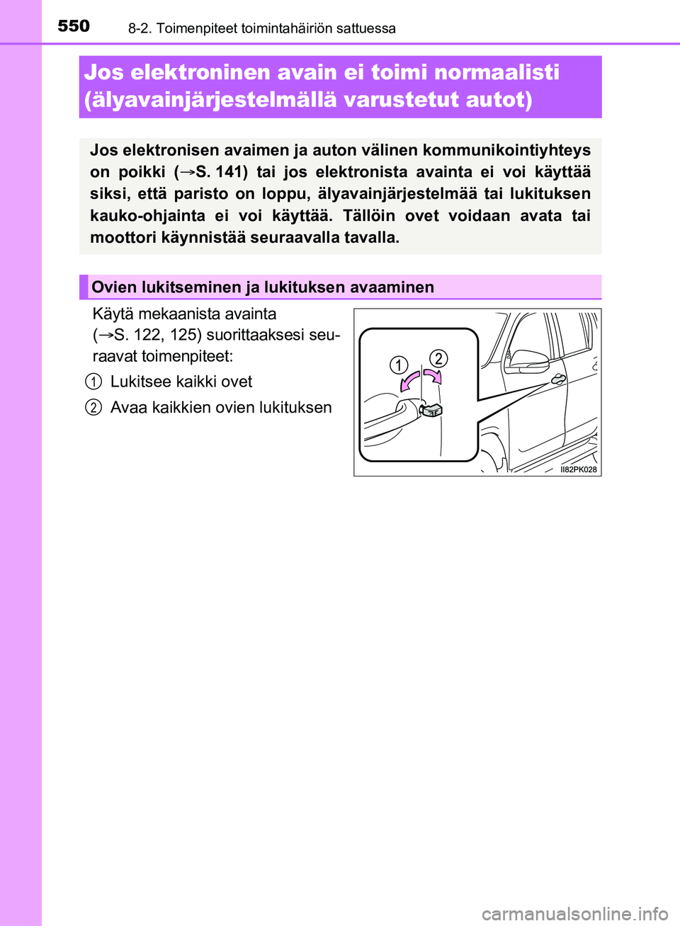 TOYOTA HILUX 2018  Omistajan Käsikirja (in Finnish) 5508-2. Toimenpiteet toimintahäiriön sattuessa
HILUX_OM_OM0K375FI_(EE)
Jos elektroninen avain ei toimi normaalisti 
(älyavainjärjestelmällä varustetut autot)
Käytä mekaanista avainta 
(  S.