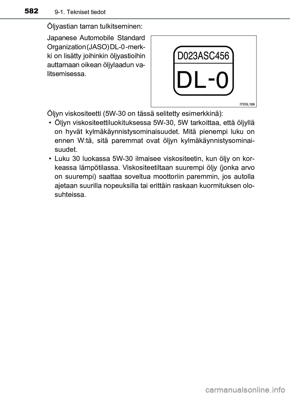 TOYOTA HILUX 2018  Omistajan Käsikirja (in Finnish) 5829-1. Tekniset tiedot
HILUX_OM_OM0K375FI_(EE)
Öljyastian tarran tulkitseminen:
Japanese Automobile  Standard
Organization (JASO) DL-0 -merk-
ki on lisätty joihinkin öljyastioihin
auttamaan oikean