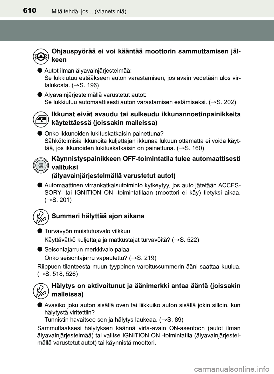 TOYOTA HILUX 2018 Omistajan Käsikirja (in Finnish) 610Mitä tehdä, jos... (Vianetsintä)
HILUX_OM_OM0K375FI_(EE)
lAutot ilman älyavainjärjestelmää:
Se lukkiutuu estääkseen auton varastamisen, jos avain vedetään ulos vir-
talukosta. (S. 196 TOYOTA HILUX 2018 Omistajan Käsikirja (in Finnish) 610Mitä tehdä, jos... (Vianetsintä)
HILUX_OM_OM0K375FI_(EE)
lAutot ilman älyavainjärjestelmää:
Se lukkiutuu estääkseen auton varastamisen, jos avain vedetään ulos vir-
talukosta. (S. 196