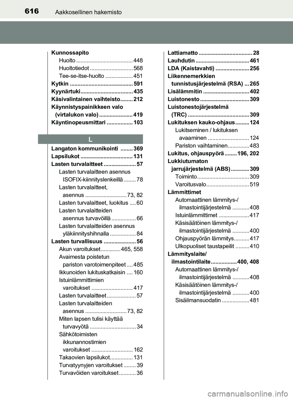TOYOTA HILUX 2018 Omistajan Käsikirja (in Finnish) 616Aakkosellinen hakemisto
HILUX_OM_OM0K375FI_(EE)
KunnossapitoHuolto ..................................... 448
Huoltotiedot ............................ 568
Tee-se-itse-huolto .................. 451
TOYOTA HILUX 2018 Omistajan Käsikirja (in Finnish) 616Aakkosellinen hakemisto
HILUX_OM_OM0K375FI_(EE)
KunnossapitoHuolto ..................................... 448
Huoltotiedot ............................ 568
Tee-se-itse-huolto .................. 451