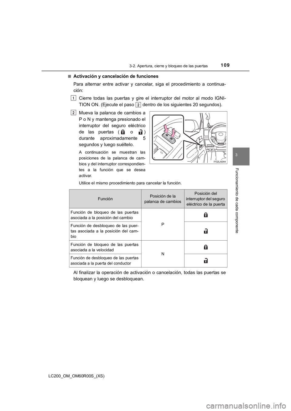 TOYOTA LAND CRUISER 2019 Manual del propietario (in Spanish) LC200_OM_OM60R00S_(XS)
1093-2. Apertura, cierre y bloqueo de las puertas
3
Funcionamiento de cada componente
■Activación y cancelación de funciones
Para alternar entre activar y cancelar, si TOYOTA LAND CRUISER 2019 Manual del propietario (in Spanish) LC200_OM_OM60R00S_(XS)
1093-2. Apertura, cierre y bloqueo de las puertas
3
Funcionamiento de cada componente
■Activación y cancelación de funciones
Para alternar entre activar y cancelar, si