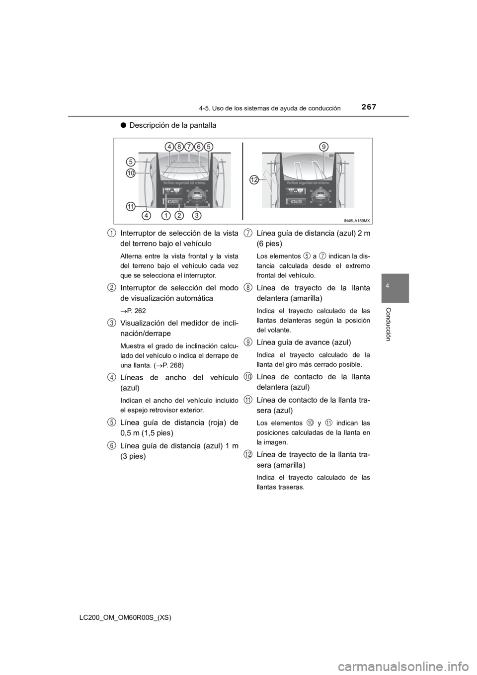 TOYOTA LAND CRUISER 2019 Manual del propietario (in Spanish) LC200_OM_OM60R00S_(XS)
2674-5. Uso de los sistemas de ayuda de conducción
4
Conducción
●Descripción de la pantalla
Interruptor de selección de la vista
del terreno bajo el vehículo
Alterna TOYOTA LAND CRUISER 2019 Manual del propietario (in Spanish) LC200_OM_OM60R00S_(XS)
2674-5. Uso de los sistemas de ayuda de conducción
4
Conducción
●Descripción de la pantalla
Interruptor de selección de la vista
del terreno bajo el vehículo
Alterna