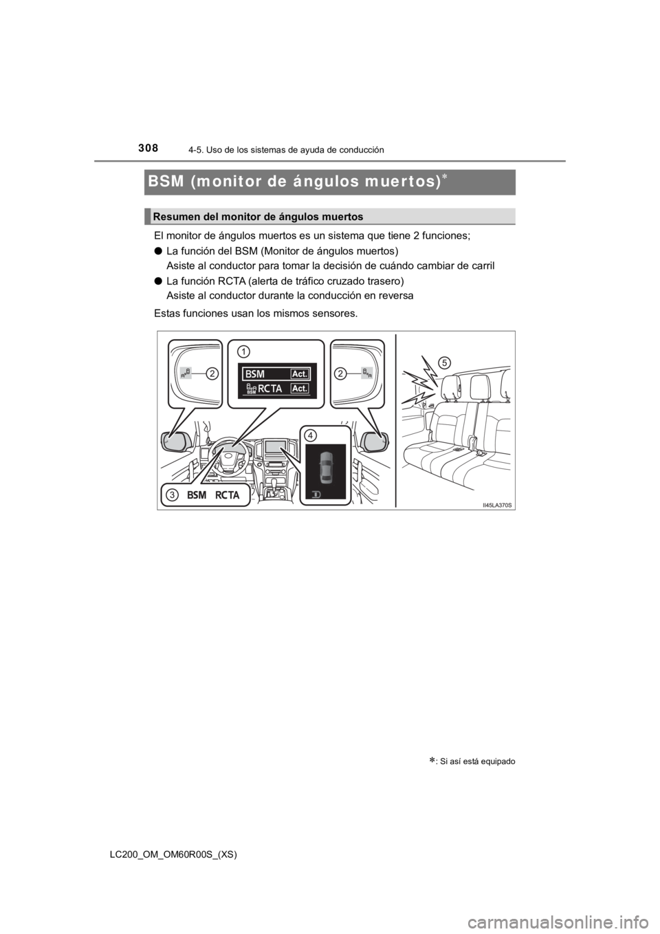 TOYOTA LAND CRUISER 2019  Manual del propietario (in Spanish) 308
LC200_OM_OM60R00S_(XS)
4-5. Uso de los sistemas de ayuda de conducción
BSM (monitor de ángulos muertos)
El monitor de ángulos muertos es un sistema que tiene 2 funcion es;
● La función de