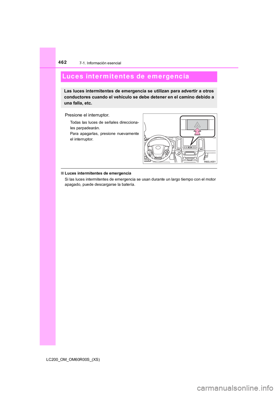 TOYOTA LAND CRUISER 2019  Manual del propietario (in Spanish) 462
LC200_OM_OM60R00S_(XS)
7-1. Información esencial
Luces inter mitentes de emergencia
Presione el interruptor.
Todas las luces de señales direcciona-
les parpadearán. 
Para  apagarlas,  presione 