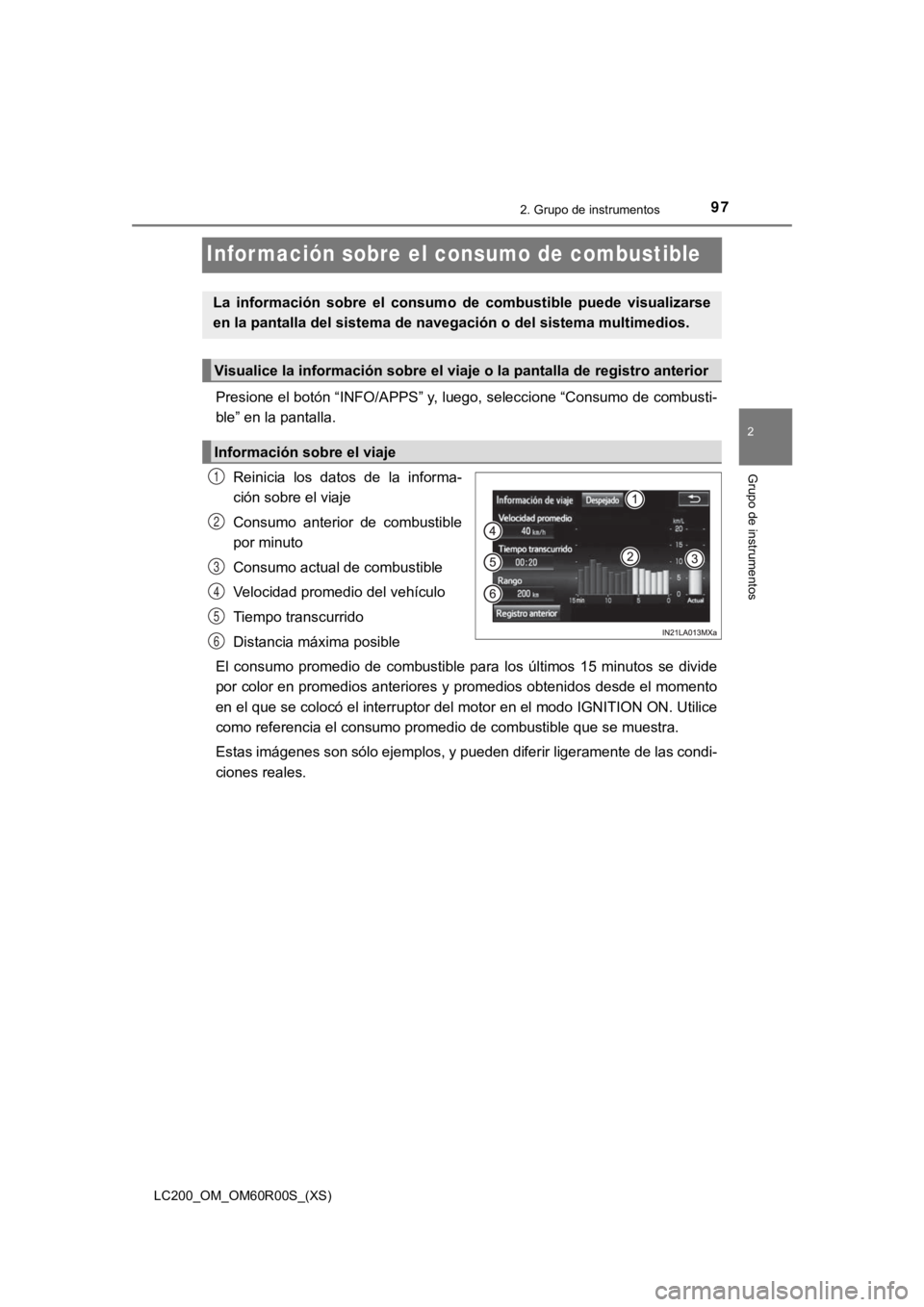 TOYOTA LAND CRUISER 2019 Manual del propietario (in Spanish) 97
LC200_OM_OM60R00S_(XS)
2. Grupo de instrumentos
2
Grupo de instrumentos
Infor mación sobre el consumo de combustible
Presione el botón “INFO/APPS” y, luego, seleccione “Consumo de combusti- TOYOTA LAND CRUISER 2019 Manual del propietario (in Spanish) 97
LC200_OM_OM60R00S_(XS)
2. Grupo de instrumentos
2
Grupo de instrumentos
Infor mación sobre el consumo de combustible
Presione el botón “INFO/APPS” y, luego, seleccione “Consumo de combusti-
