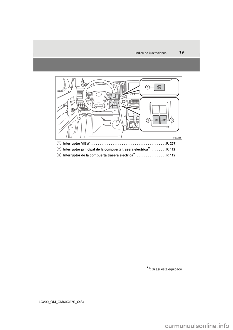 TOYOTA LAND CRUISER 2018  Manual del propietario (in Spanish) 19Índice de ilustraciones
LC200_OM_OM60Q27S_(XS)Interruptor VIEW . . . . . . . . . . . . . . . . . . . . . . . . . . . . . . . . . . . . . . . . . P. 257
Interruptor principal de la
 compuerta traser